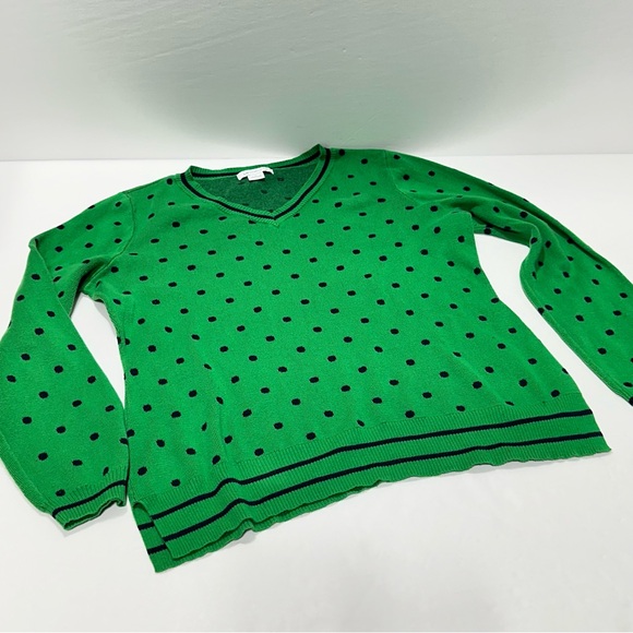 Liz Claiborne Green Sweater With Blue Polka Dots V Neck Cotton L - Picture 2 of 12
